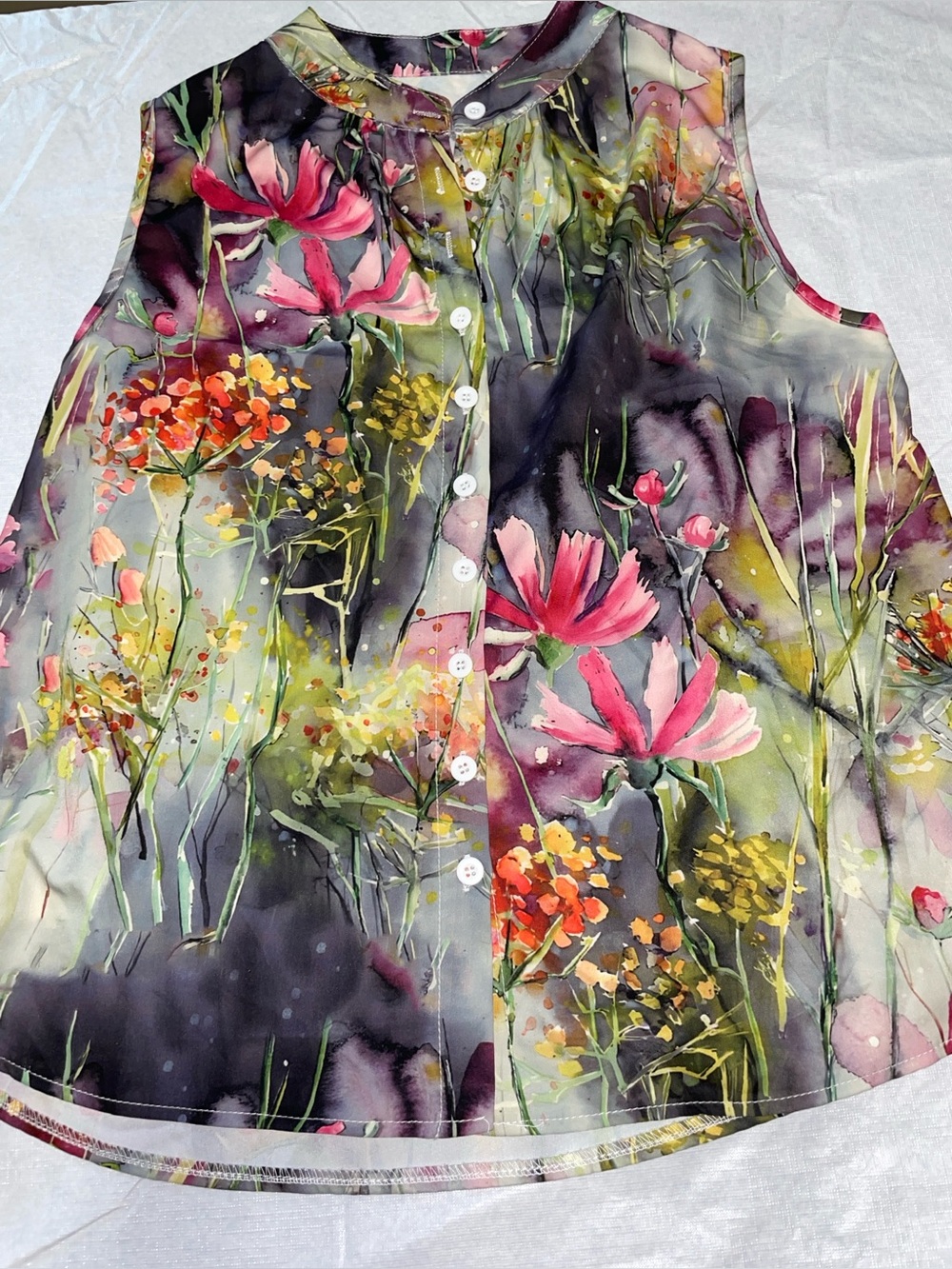 Floral Watercolor Sleeveless Button-Down Blouse